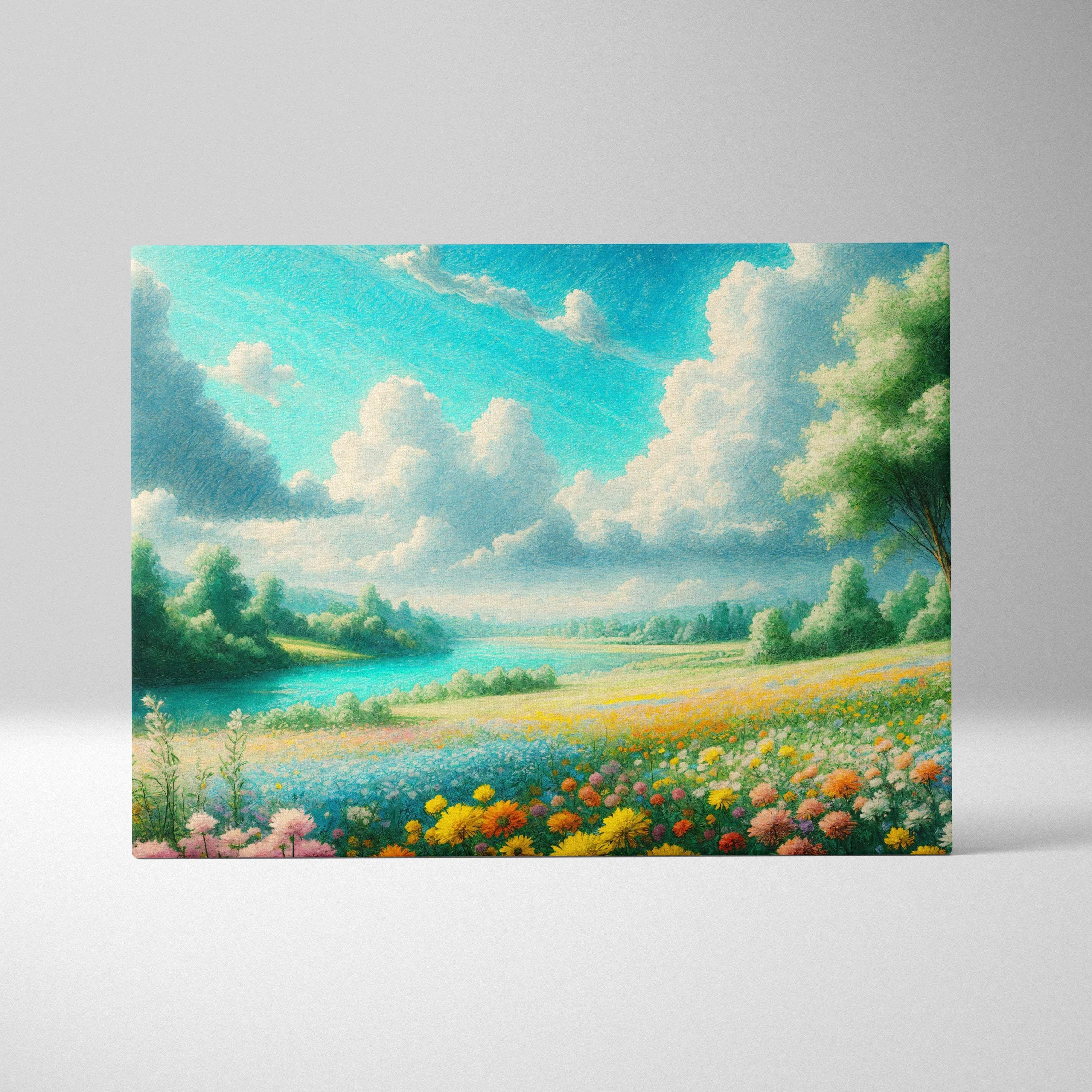 Sunlit meadow by winding river with wildflowers under towering clouds canvas art