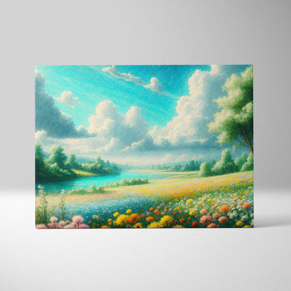 Sunlit meadow by winding river with wildflowers under towering clouds canvas art