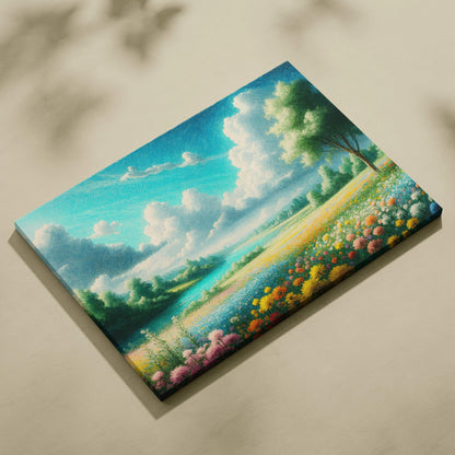 Sunlit meadow by winding river with wildflowers under towering clouds canvas art