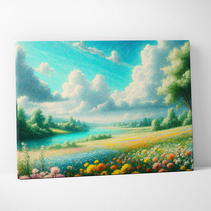 Sunlit meadow by winding river with wildflowers under towering clouds canvas art