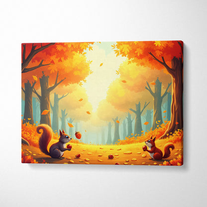 Two playful squirrels trade acorns on sunlit autumn forest path canvas art