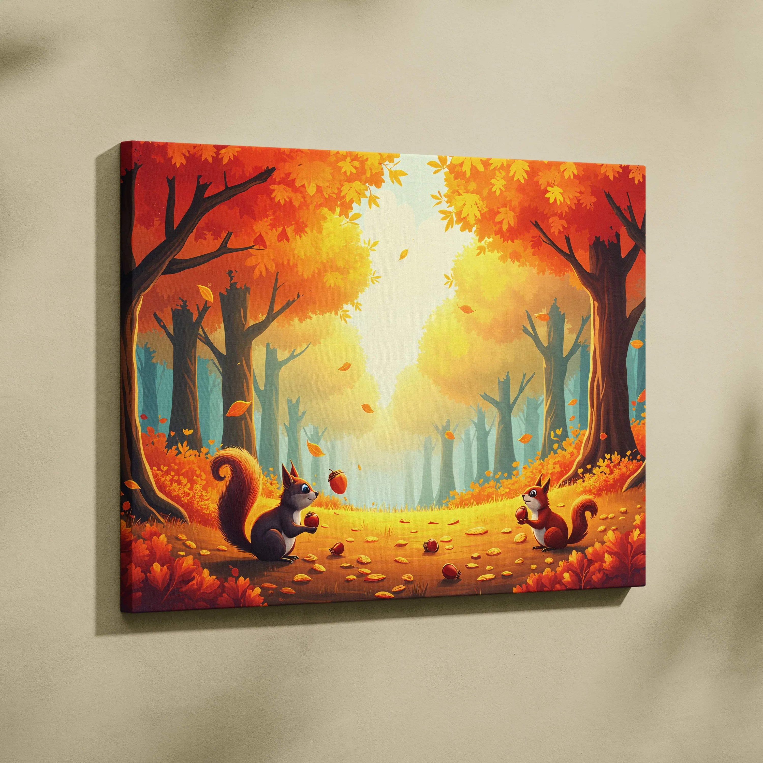 Two playful squirrels trade acorns on sunlit golden autumn forest path canvas art