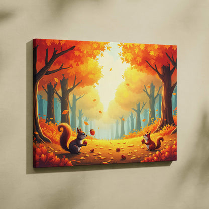 Two playful squirrels trade acorns on sunlit golden autumn forest path canvas art