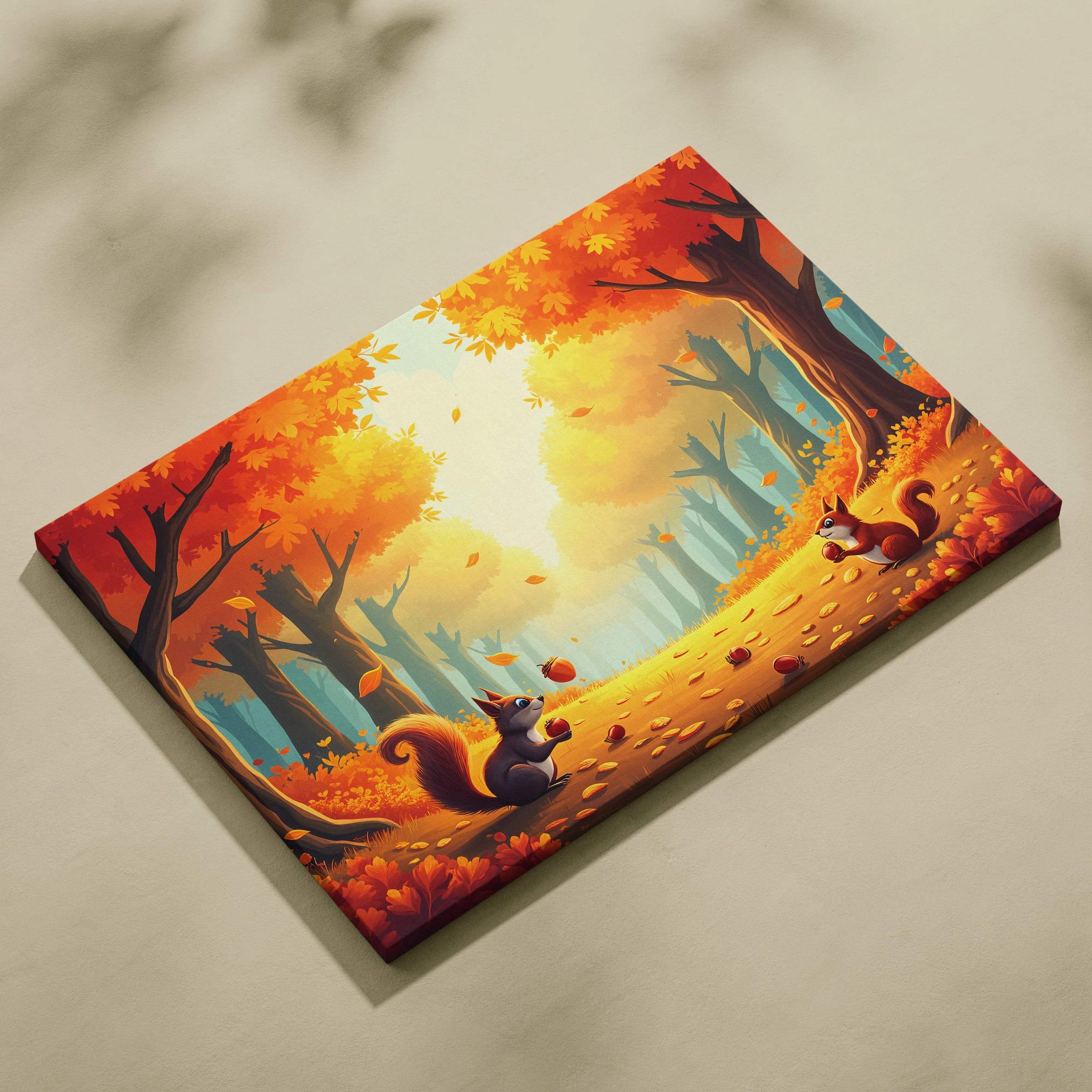 Two playful squirrels trade acorns on sunlit golden autumn forest path canvas art