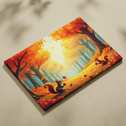 Two playful squirrels trade acorns on sunlit golden autumn forest path canvas art