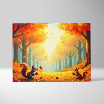 Vibrant autumn canvas print of two playful squirrels trading acorns on sunlit forest path