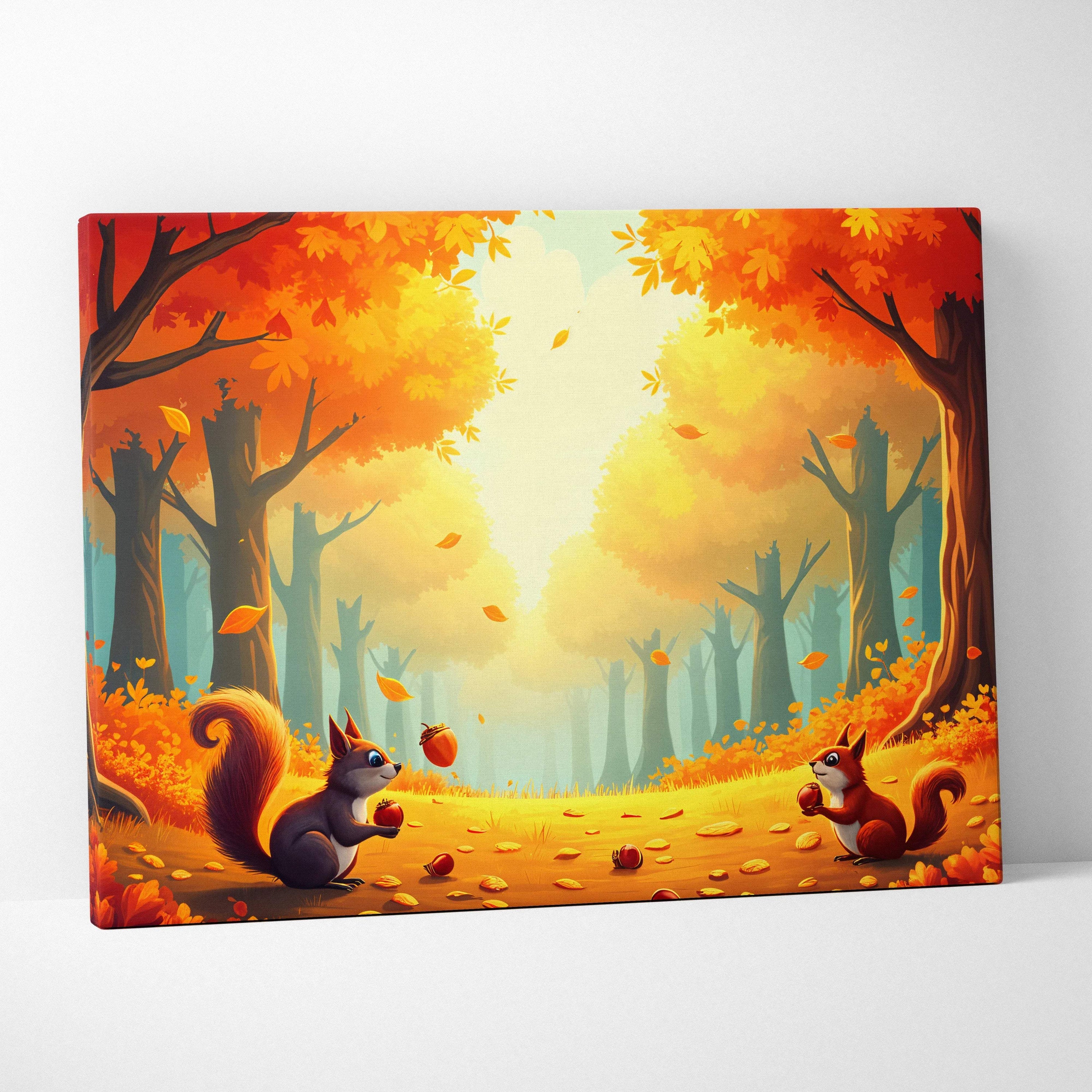 Two playful squirrels trade acorns on sunlit golden forest path autumn canvas art