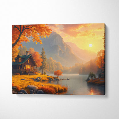 Cozy log cabin by golden sunset lake amid fiery autumn trees and misty mountains canvas art