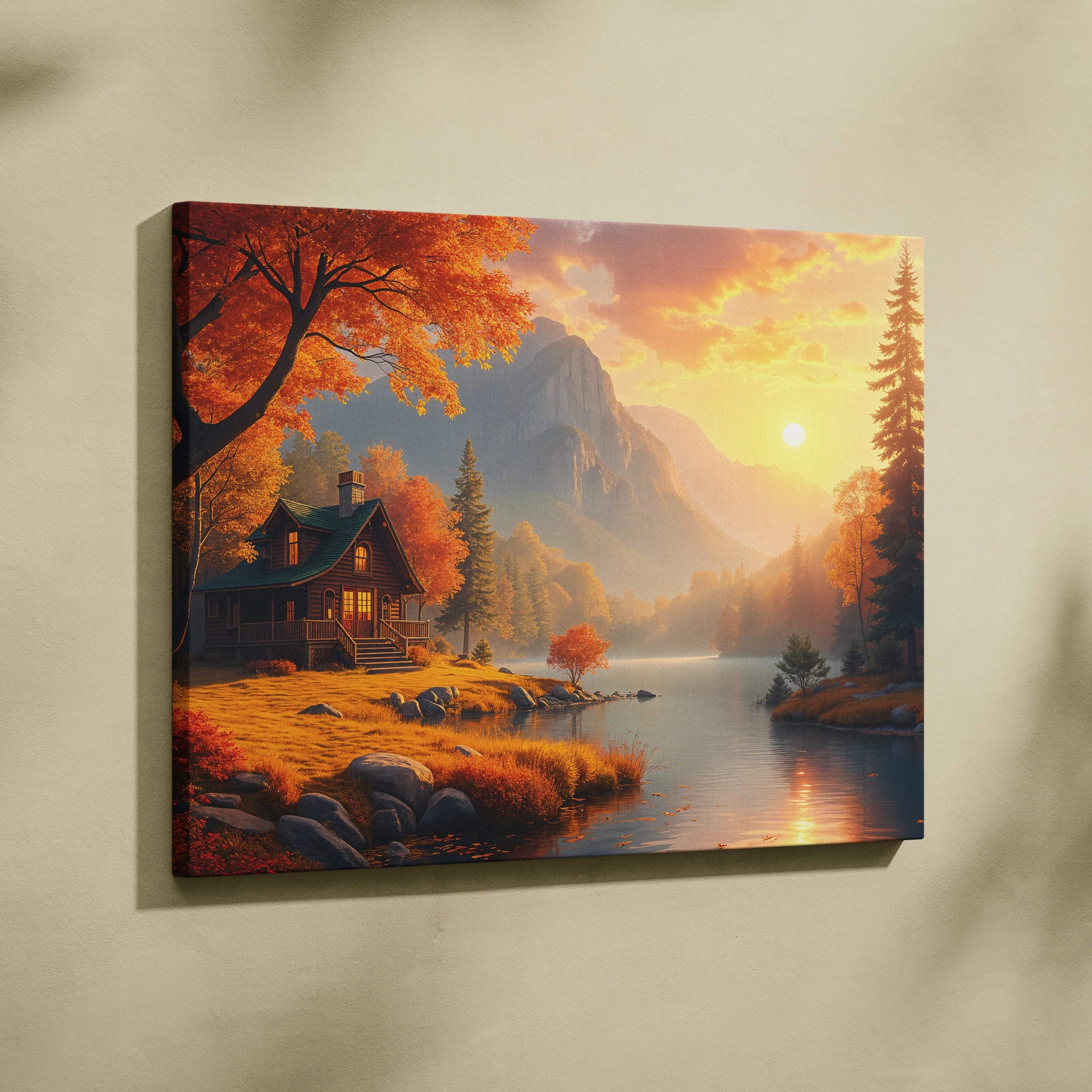 Cozy log cabin by golden sunset lake amid fiery autumn trees and misty mountains canvas print