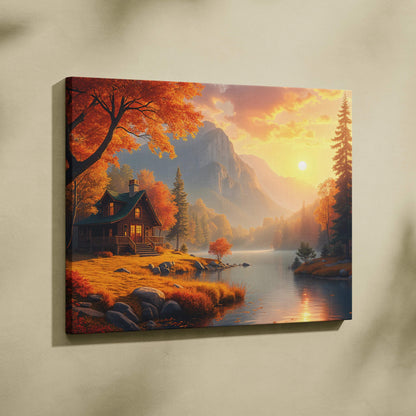 Cozy log cabin by golden sunset lake amid fiery autumn trees and misty mountains canvas print