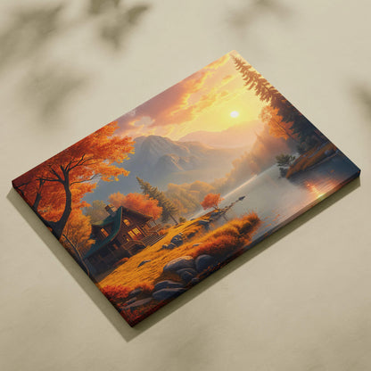Cozy log cabin by golden sunset lake amid fiery autumn trees canvas art