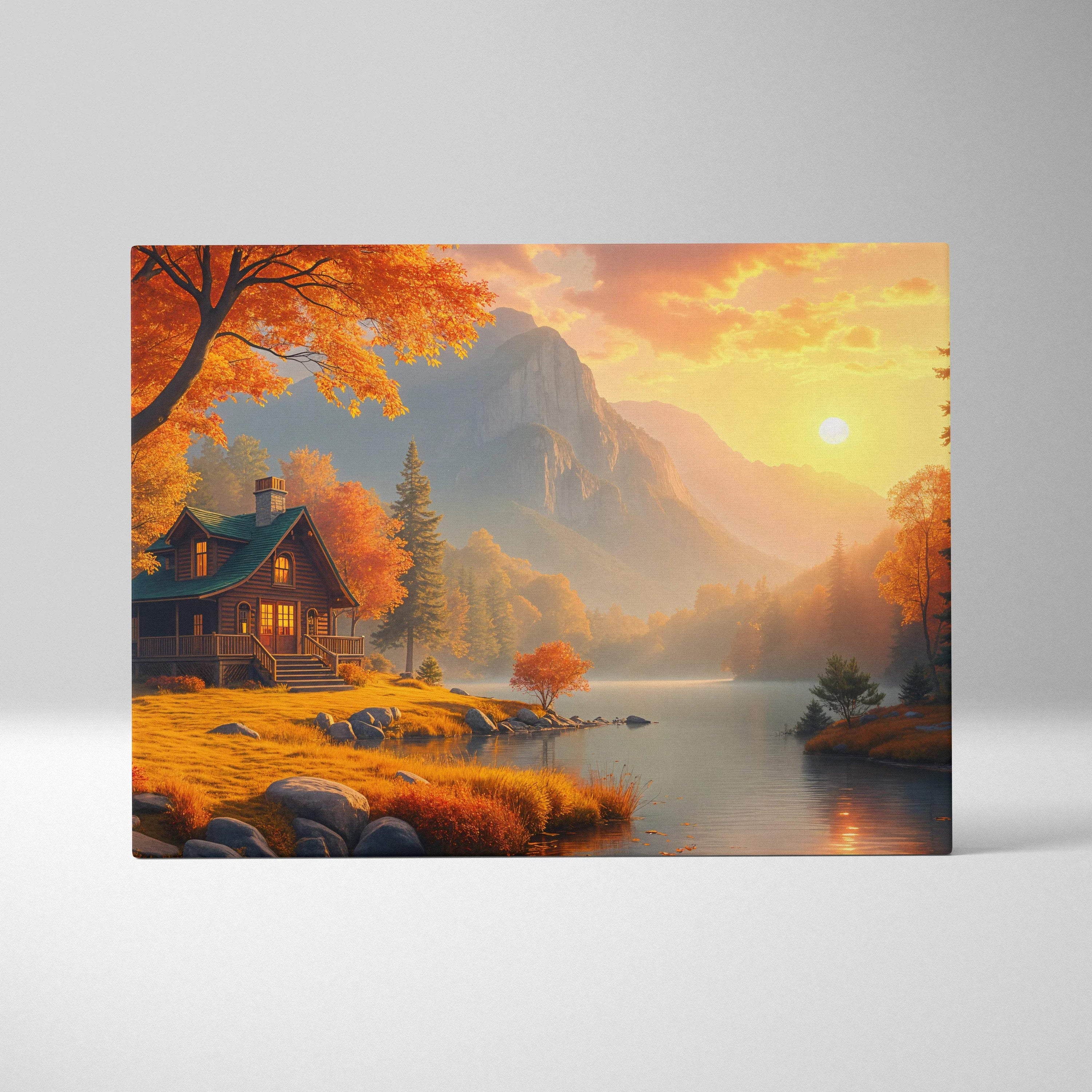 Cozy log cabin by golden sunset lake amid fiery autumn trees and misty mountains canvas art