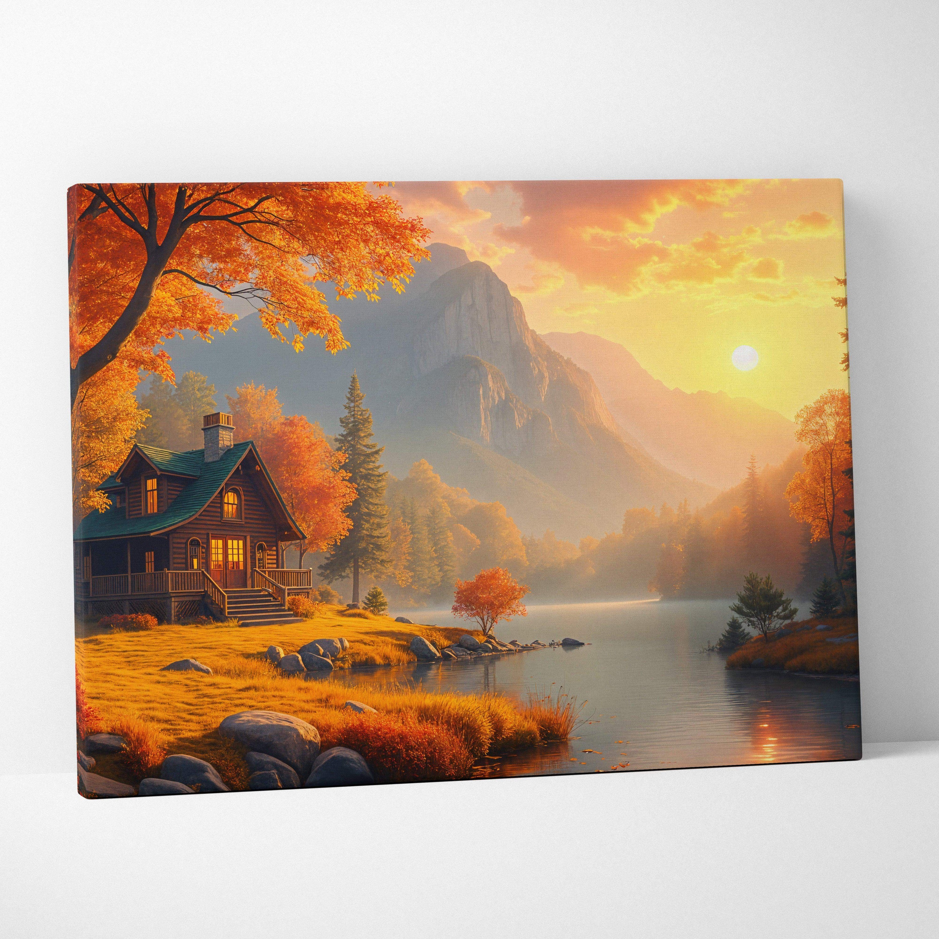 Cozy log cabin by golden sunset lake amid fiery autumn trees and misty mountains canvas art
