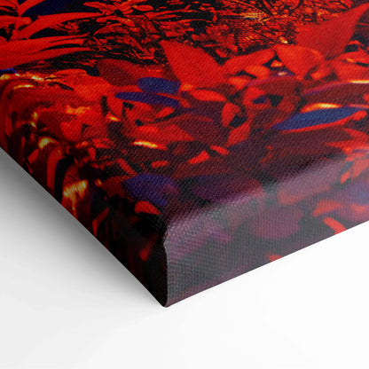 Autumn Valley Sunset canvas art with crimson trees, path, mountains, abstract florals
