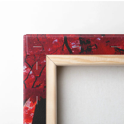 Red black abstract Autumn Valley Sunset canvas in light wood frame