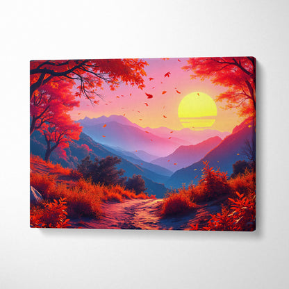 Autumn valley sunset canvas print with crimson trees, path and mountains