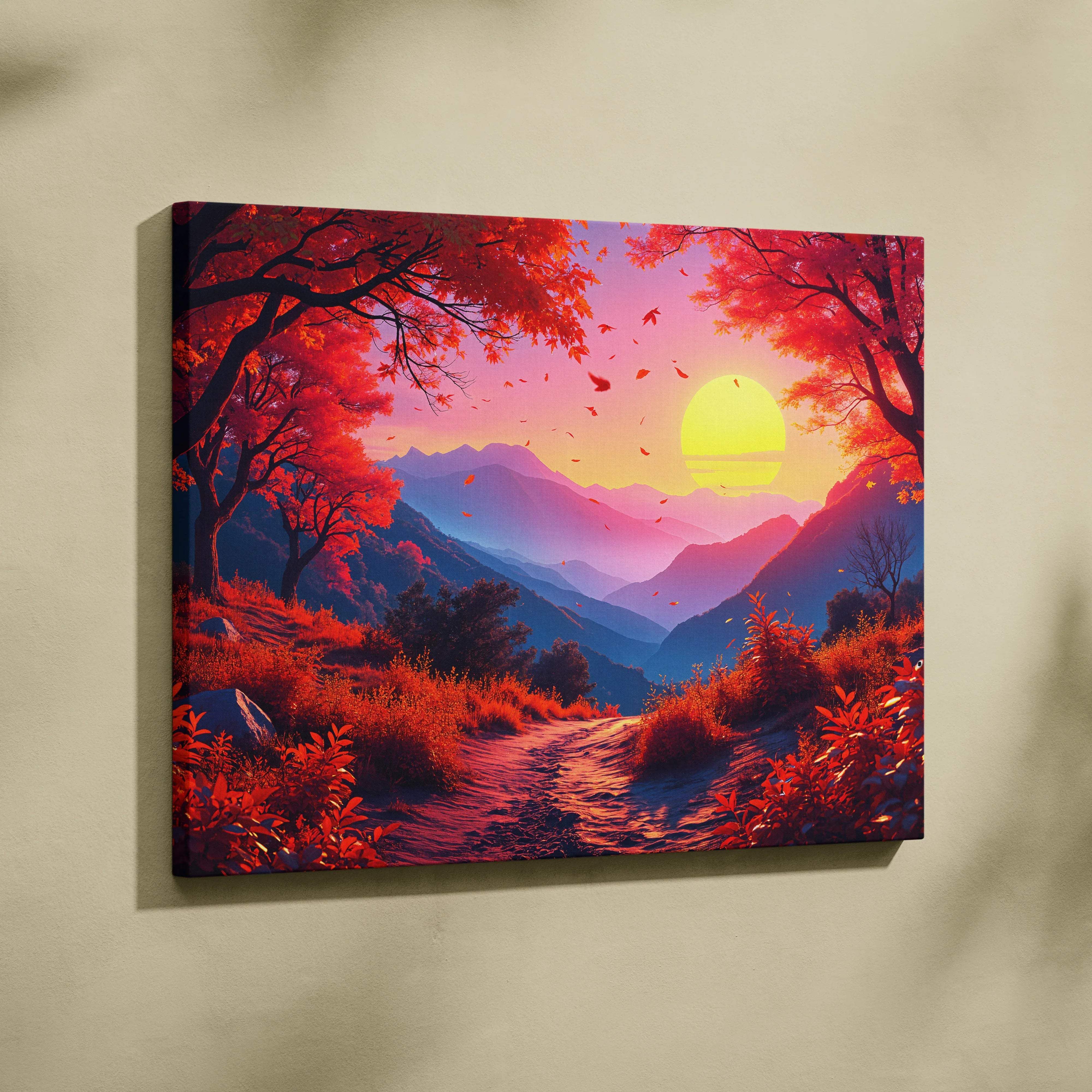 Autumn Valley Sunset canvas print with crimson trees, path, mountains