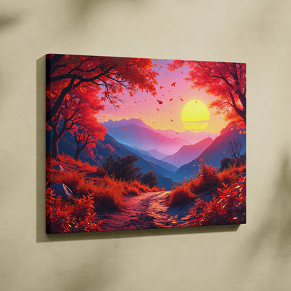 Autumn Valley Sunset canvas print with crimson trees, path, mountains