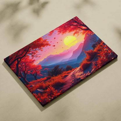 Autumn Valley Sunset canvas art with crimson trees, path, mountains