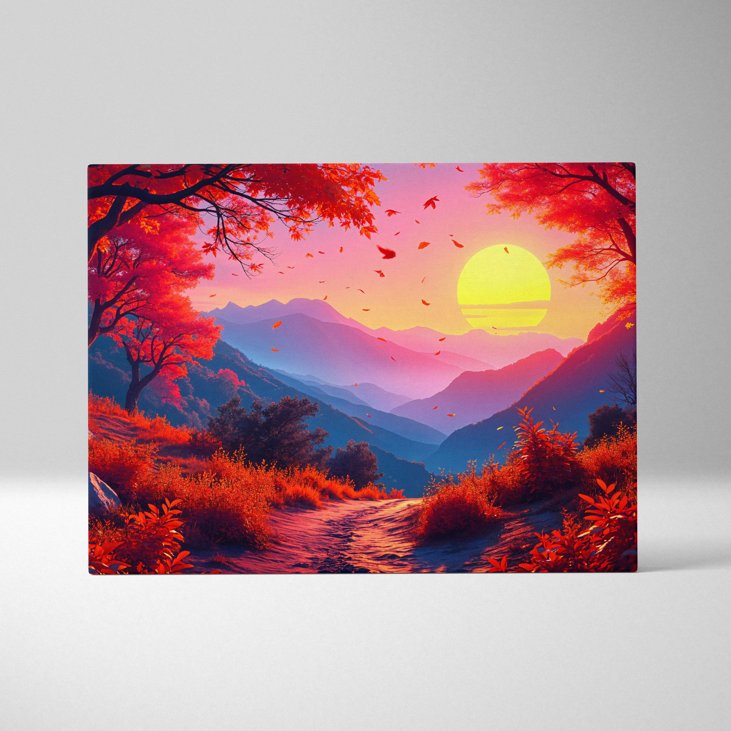Autumn valley sunset canvas wall art with crimson trees and mountains