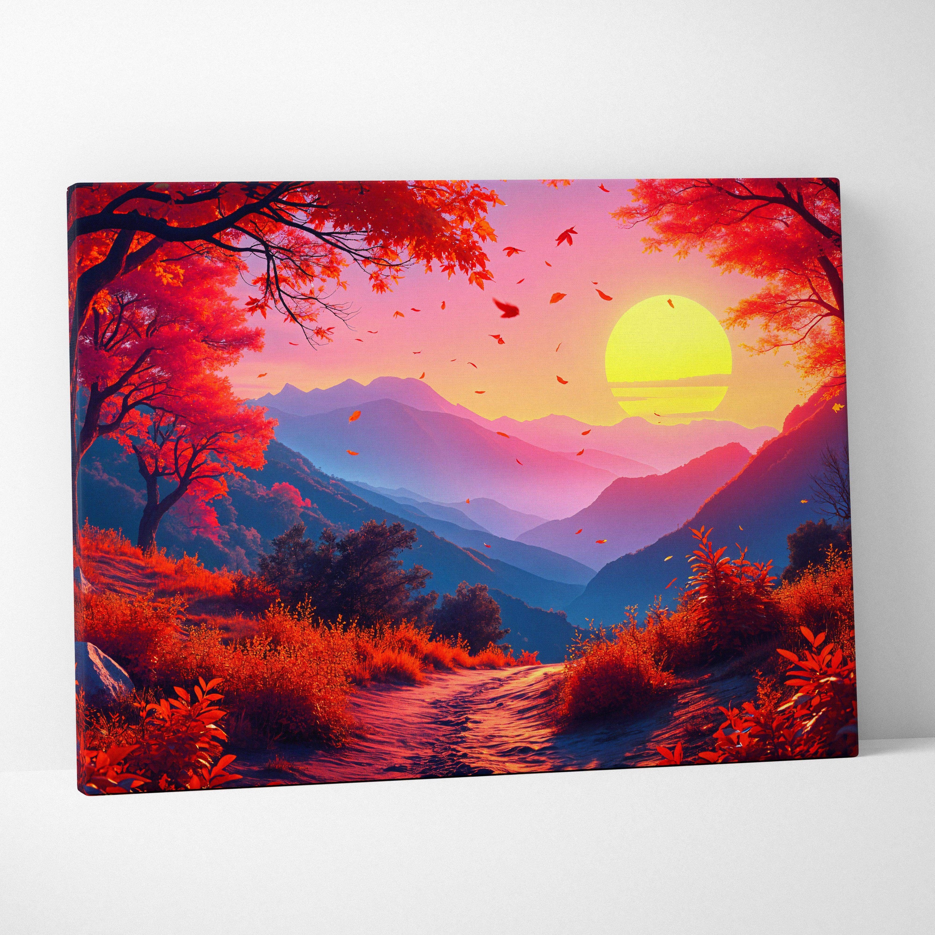 Autumn Valley Sunset canvas print with crimson trees, winding path, mountains