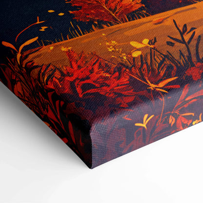 Cozy autumn cabin in sunny clearing with red orange foliage canvas art