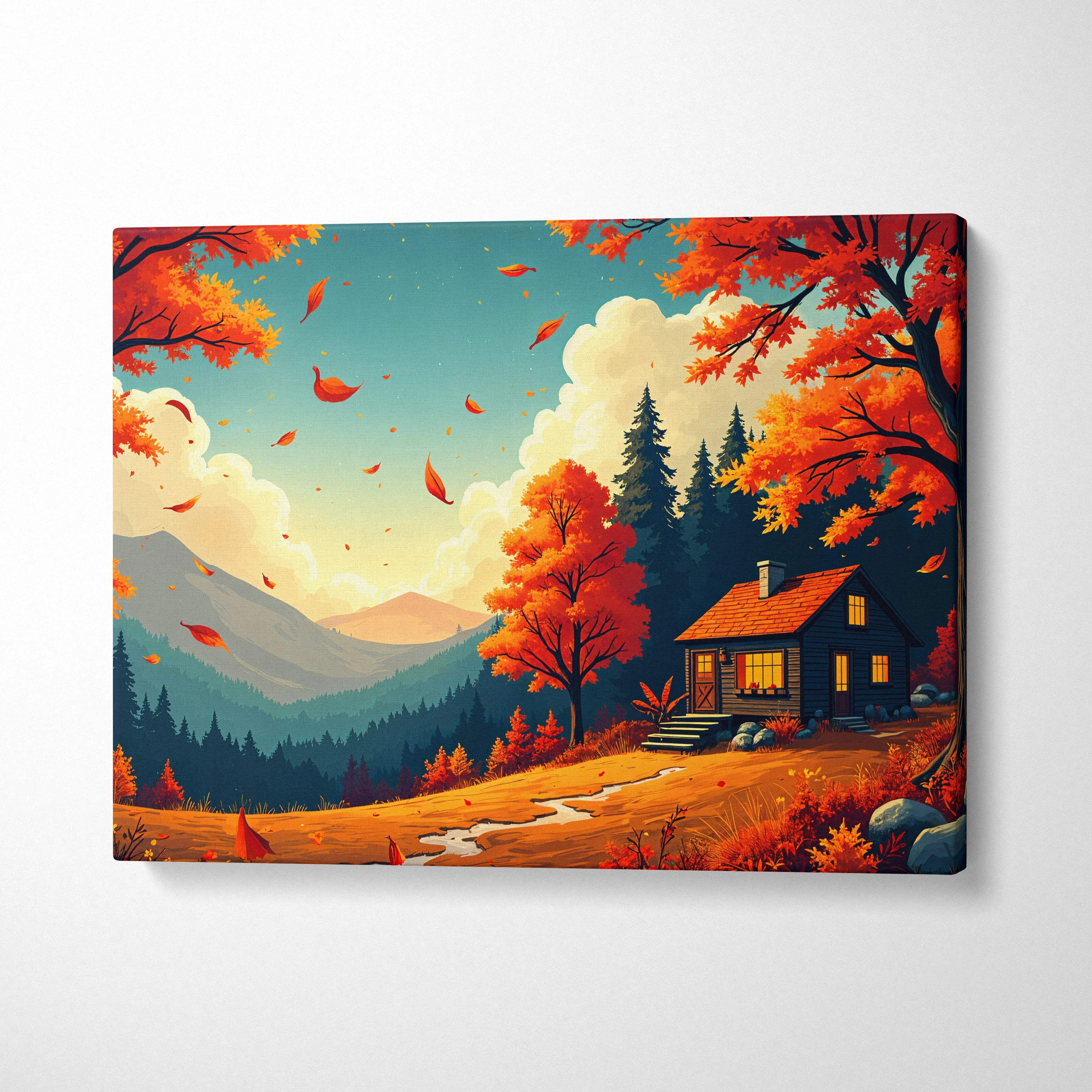 Cozy autumn cabin canvas with red orange foliage mountains sunny clearing