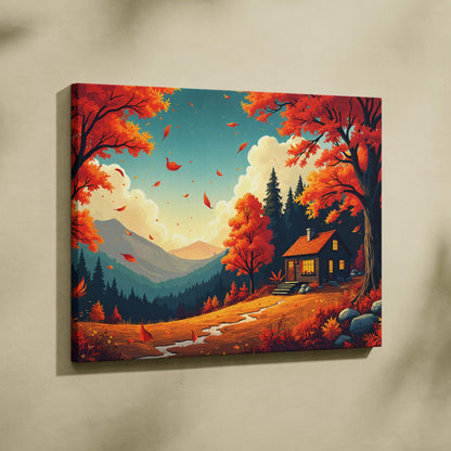 Cozy autumn cabin in sunny clearing with red orange foliage canvas art