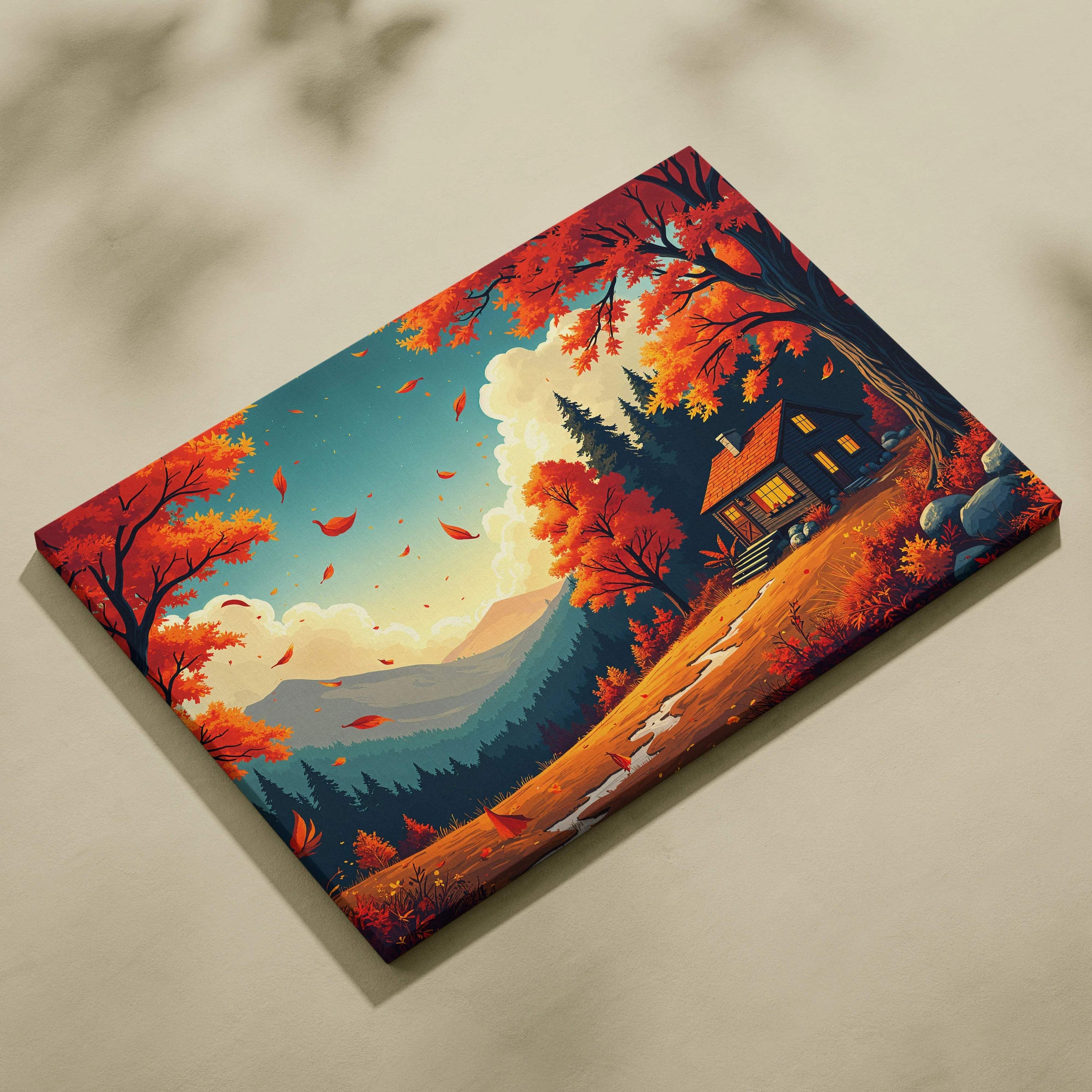 Cozy autumn cabin canvas wall art with red orange foliage and mountains