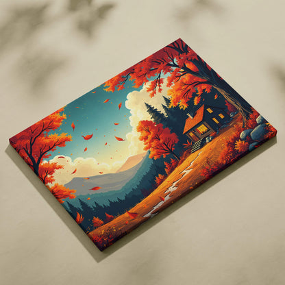Cozy autumn cabin canvas wall art with red orange foliage and mountains