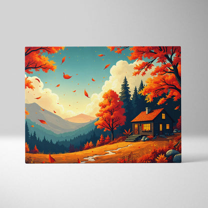 Cozy autumn cabin in sunny clearing with red orange foliage and mountains canvas art