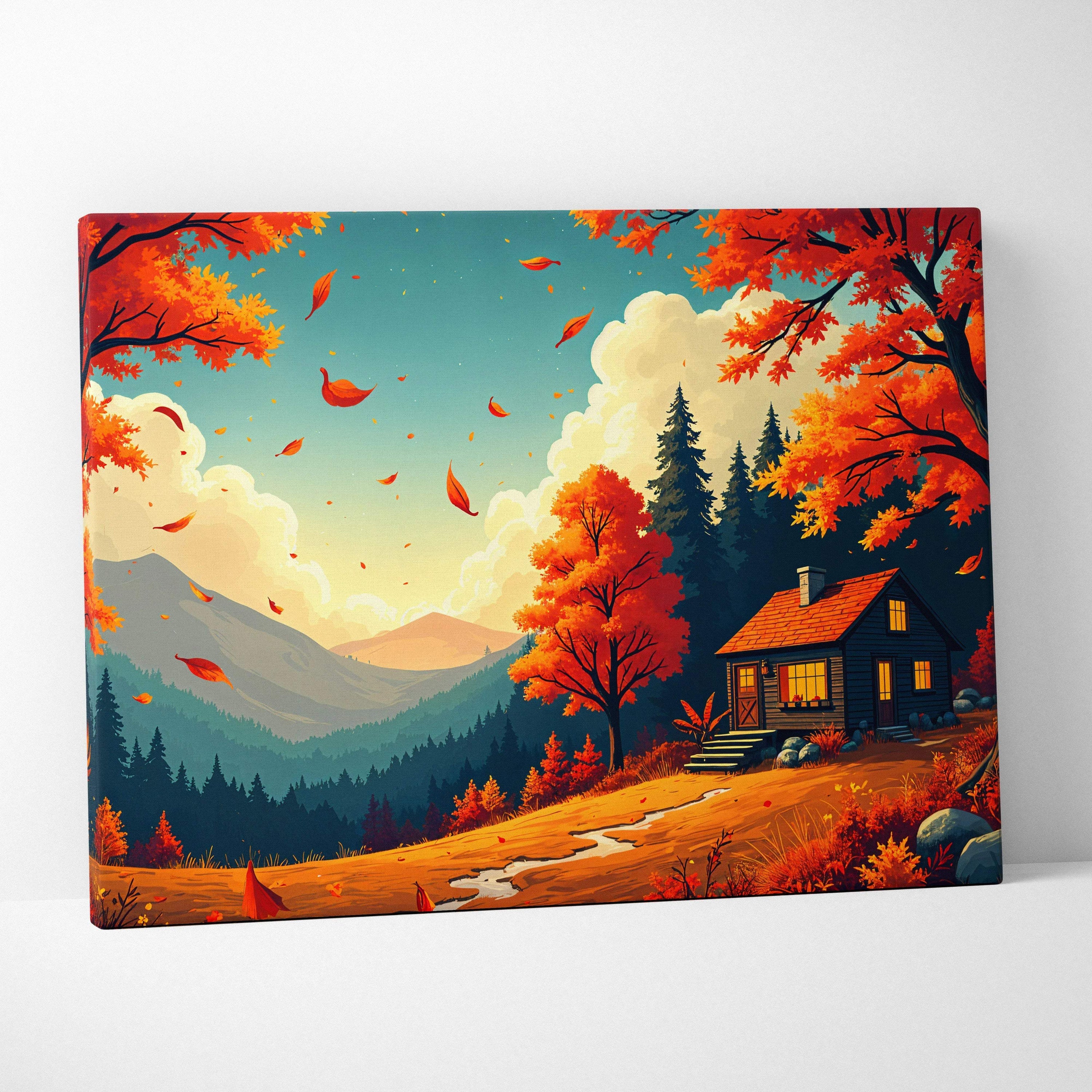 Cozy autumn cabin in sunny clearing with red orange foliage and mountains canvas art