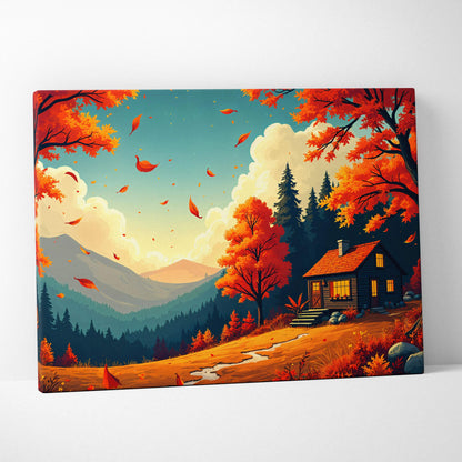 Cozy autumn cabin in sunny clearing with red orange foliage and mountains canvas art