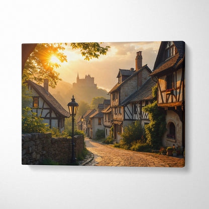 Golden hour village street canvas art with ivy-covered half-timbered homes and castle silhouette