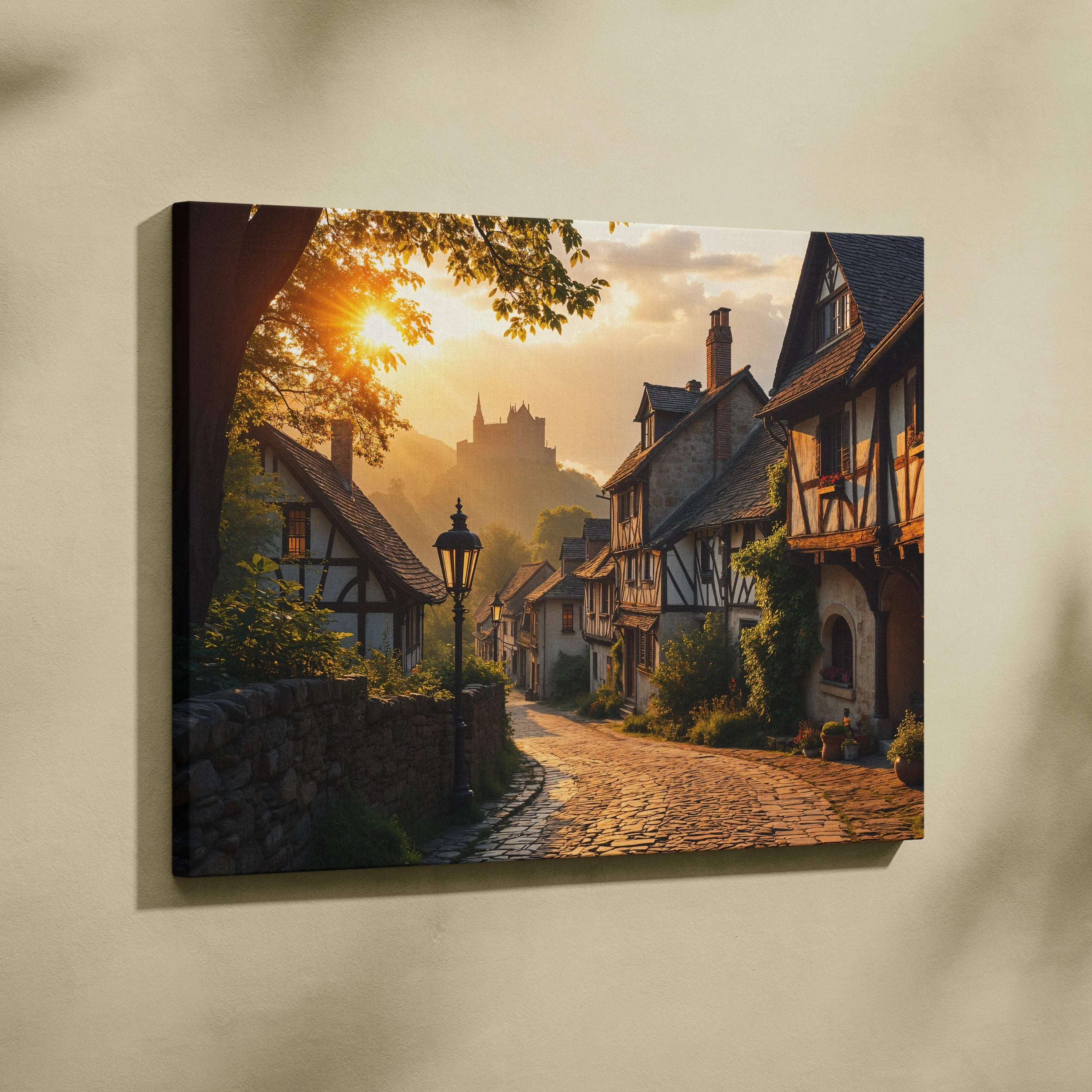 Sunlit cobblestone street with ivy-covered half-timbered homes and distant castle canvas print