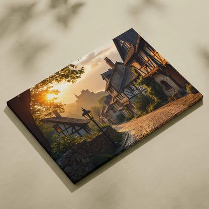 Golden hour village street canvas print with ivy-covered half-timbered homes and castle silhouette