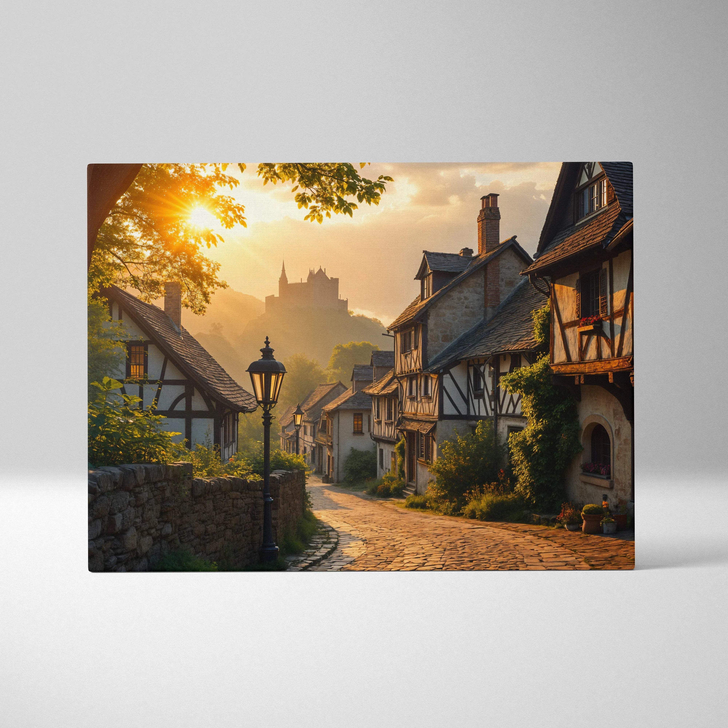 Golden hour village street canvas with ivy-covered half-timbered homes and castle silhouette