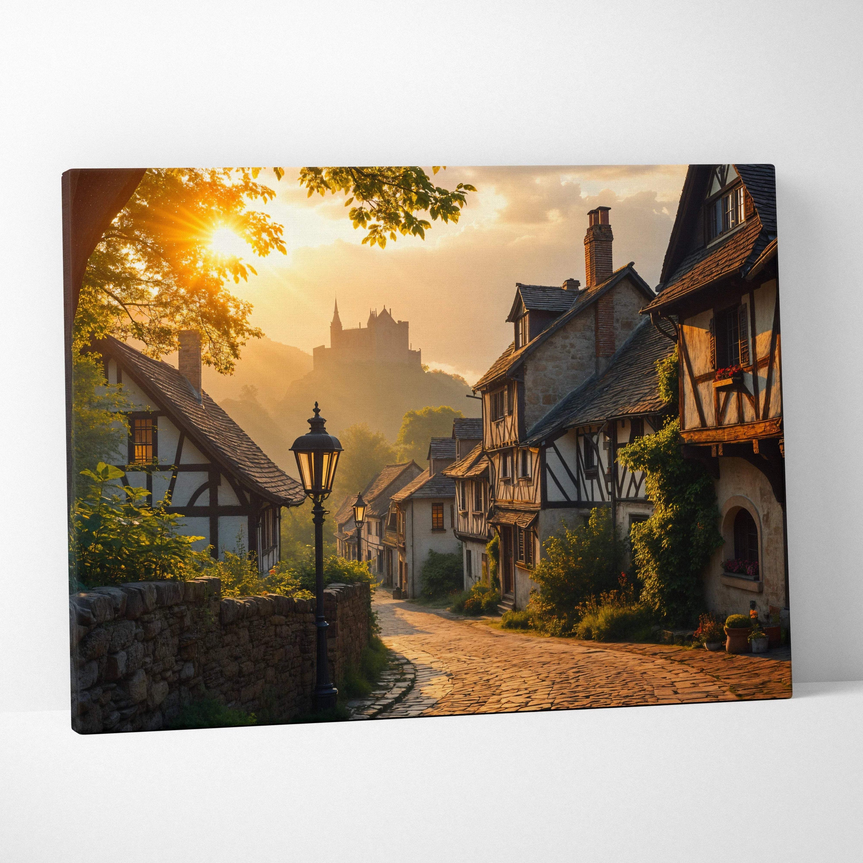 Golden hour village street canvas print with ivy-covered half-timbered homes