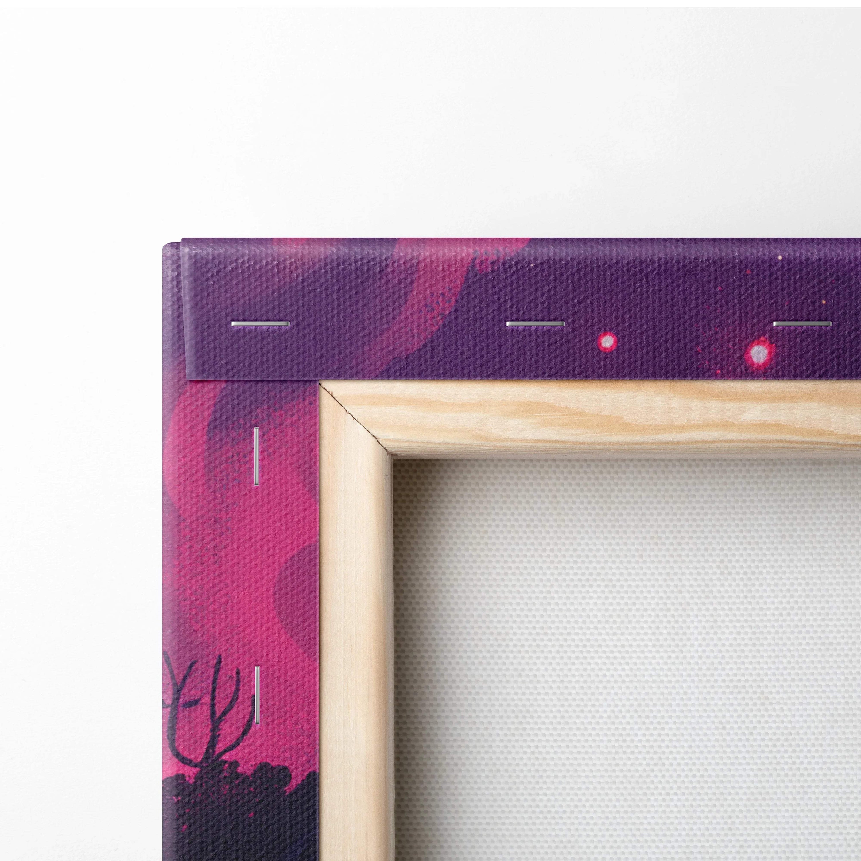 Neon magenta moon over still waters with violet shores canvas art