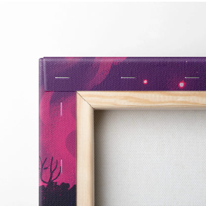 Neon magenta moon over still waters with violet shores canvas art
