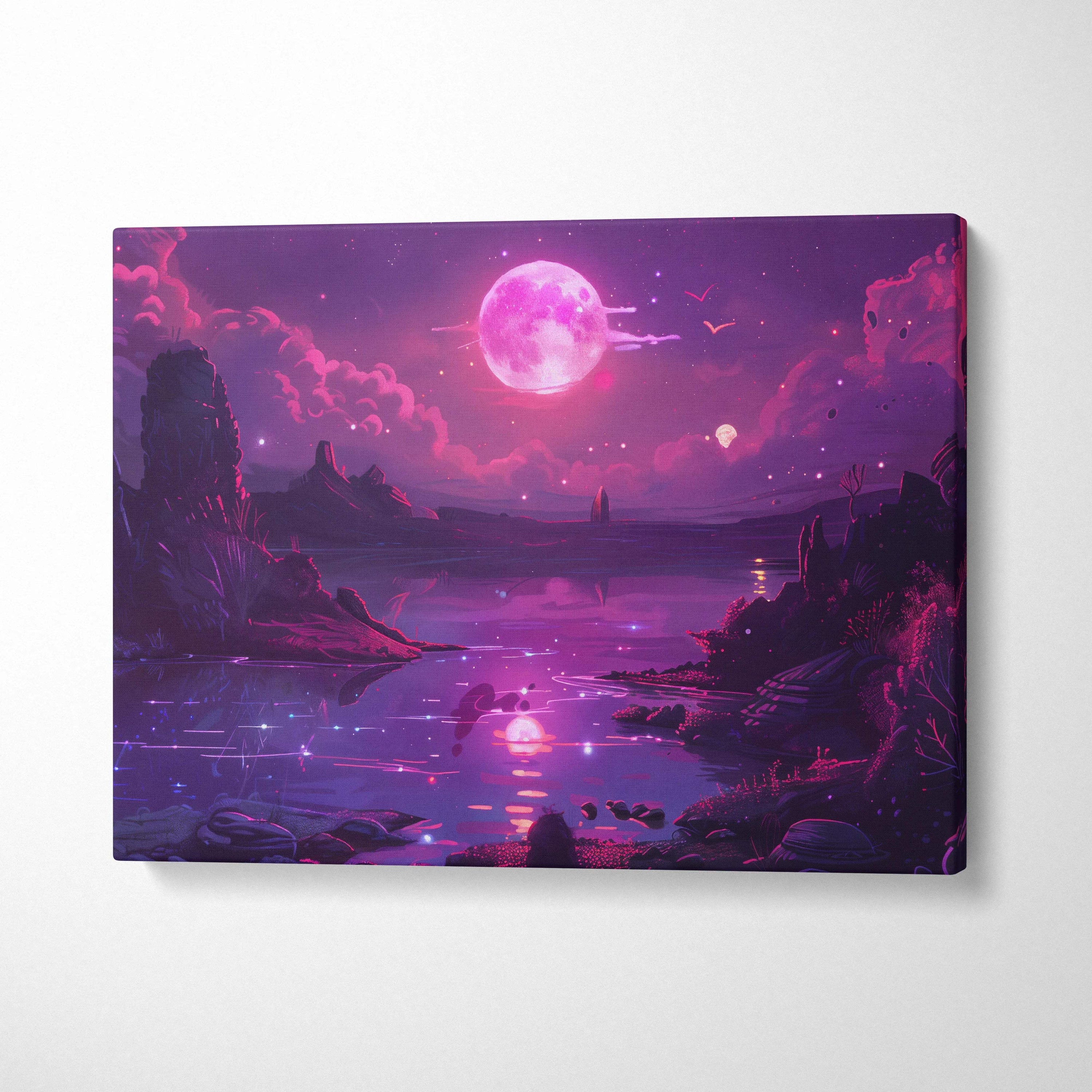 Purple pink neon moon over reflective water with violet shores alien flora canvas