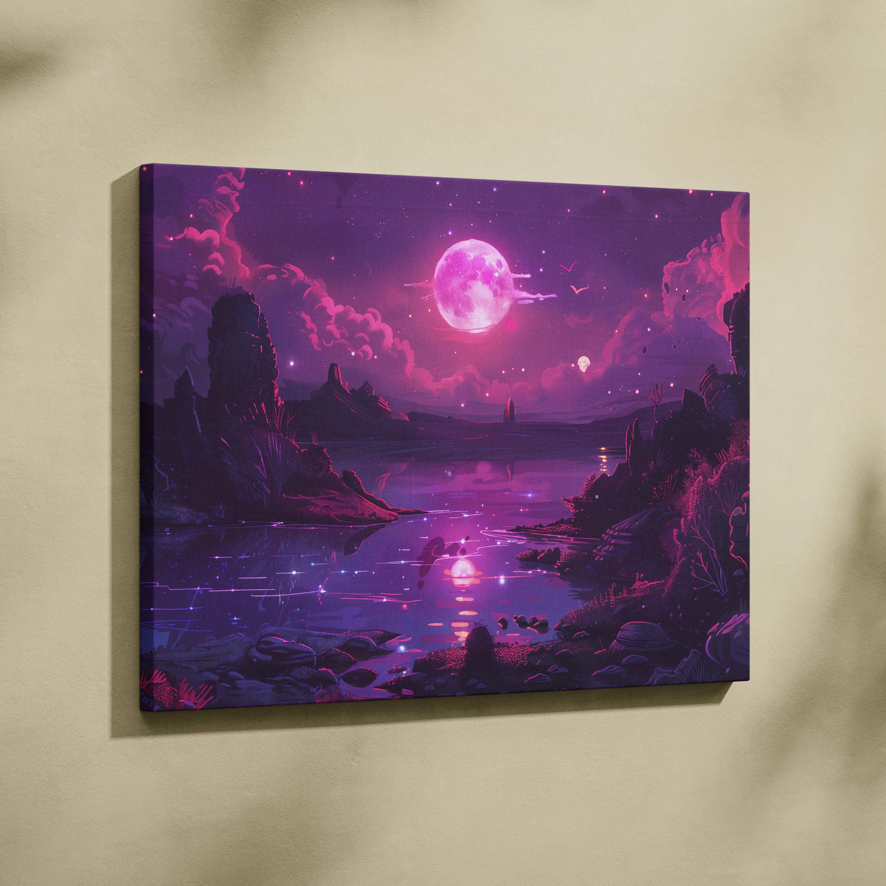 Neon magenta moon over still waters with violet shores canvas art