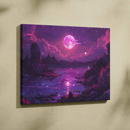 Neon magenta moon over still waters with violet shores canvas art
