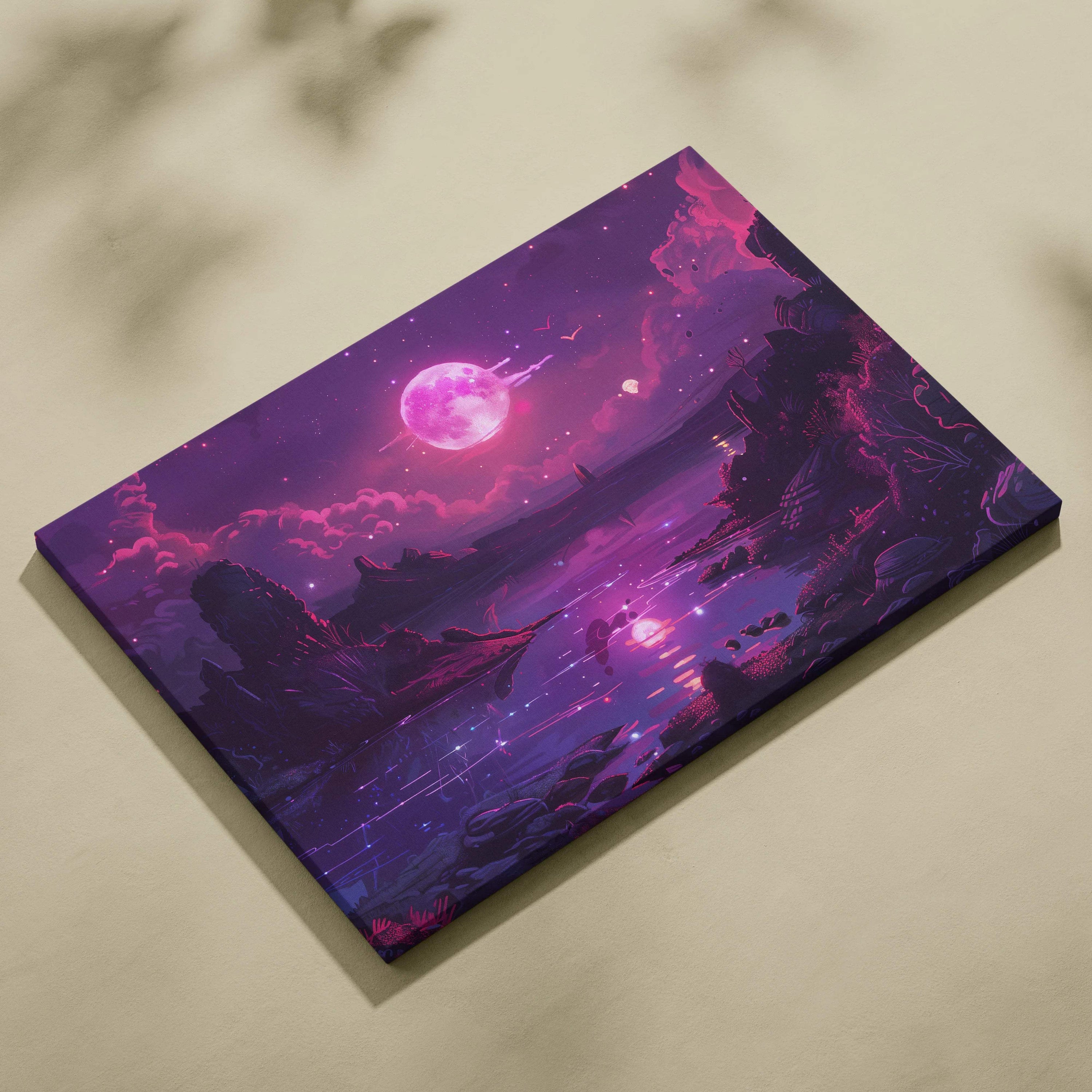 Vibrant neon magenta moon over still waters with violet shores and alien flora canvas art
