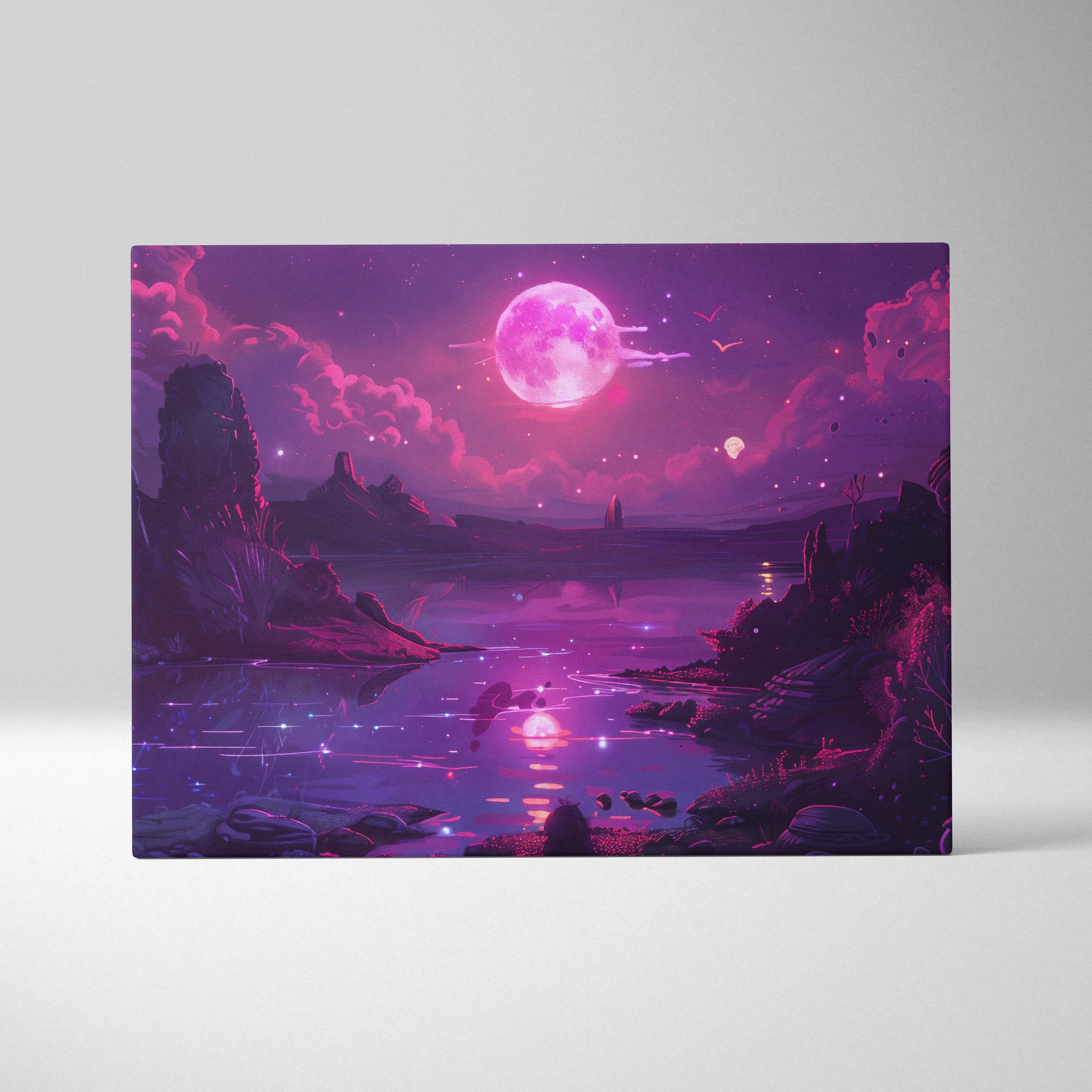 Neon magenta moon over still waters with violet shores canvas wall art