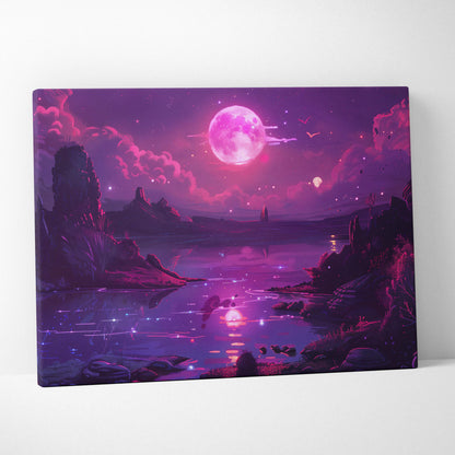 Neon magenta moon over still waters with violet shores canvas wall art