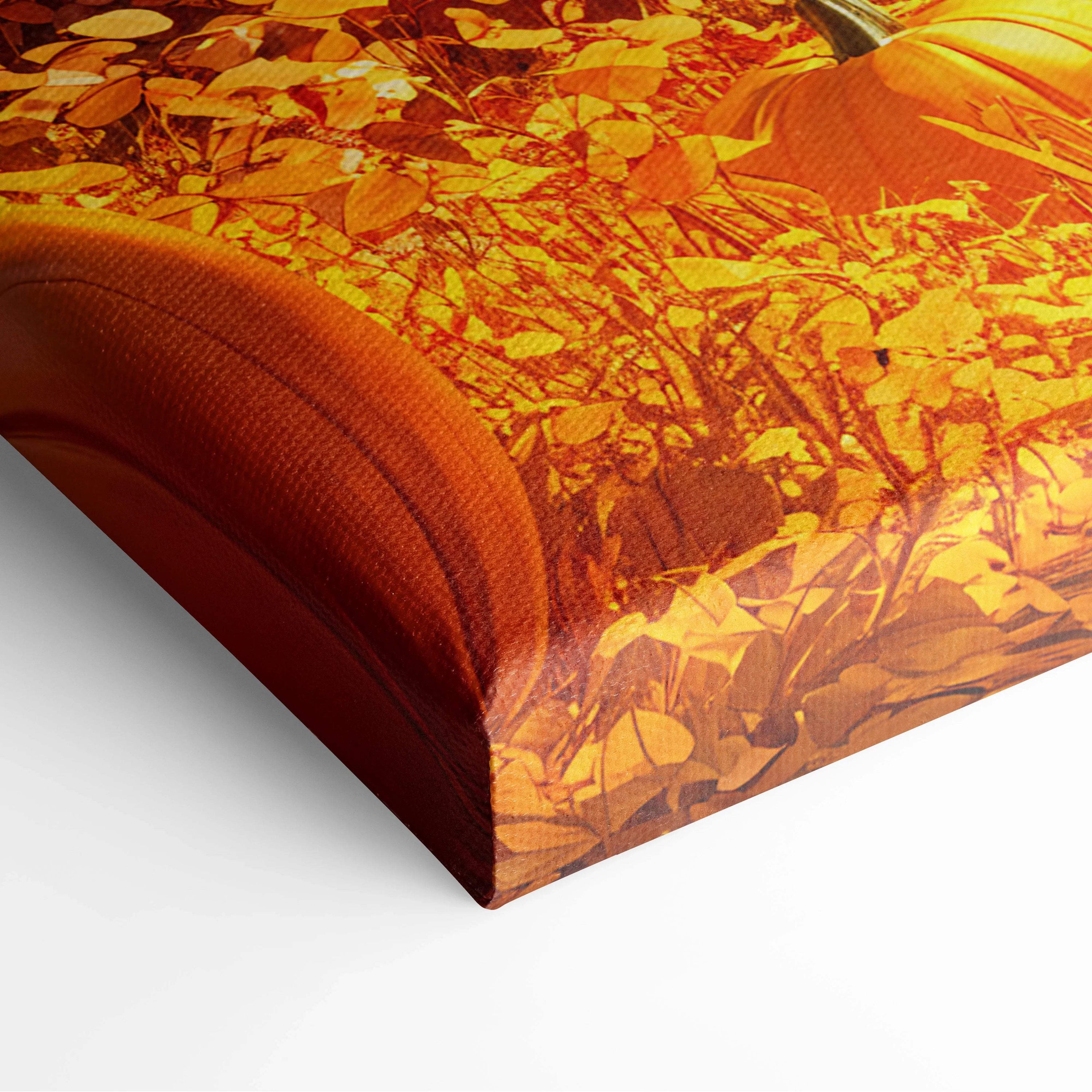 Cozy autumn cottage canvas art with glowing trees, golden leaves, and pumpkin path