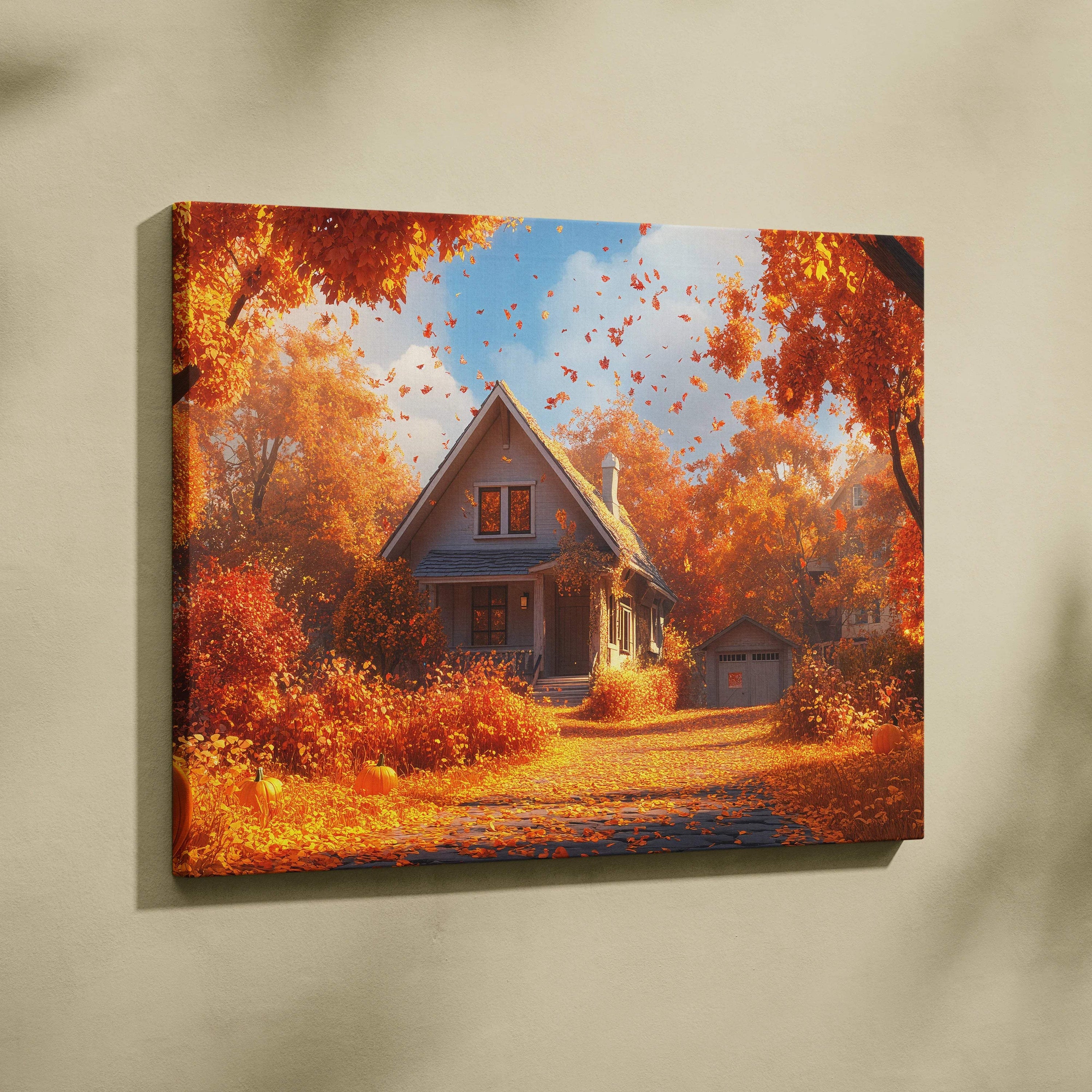 Cozy autumn cottage canvas wall art with glowing trees, golden leaves, pumpkin path