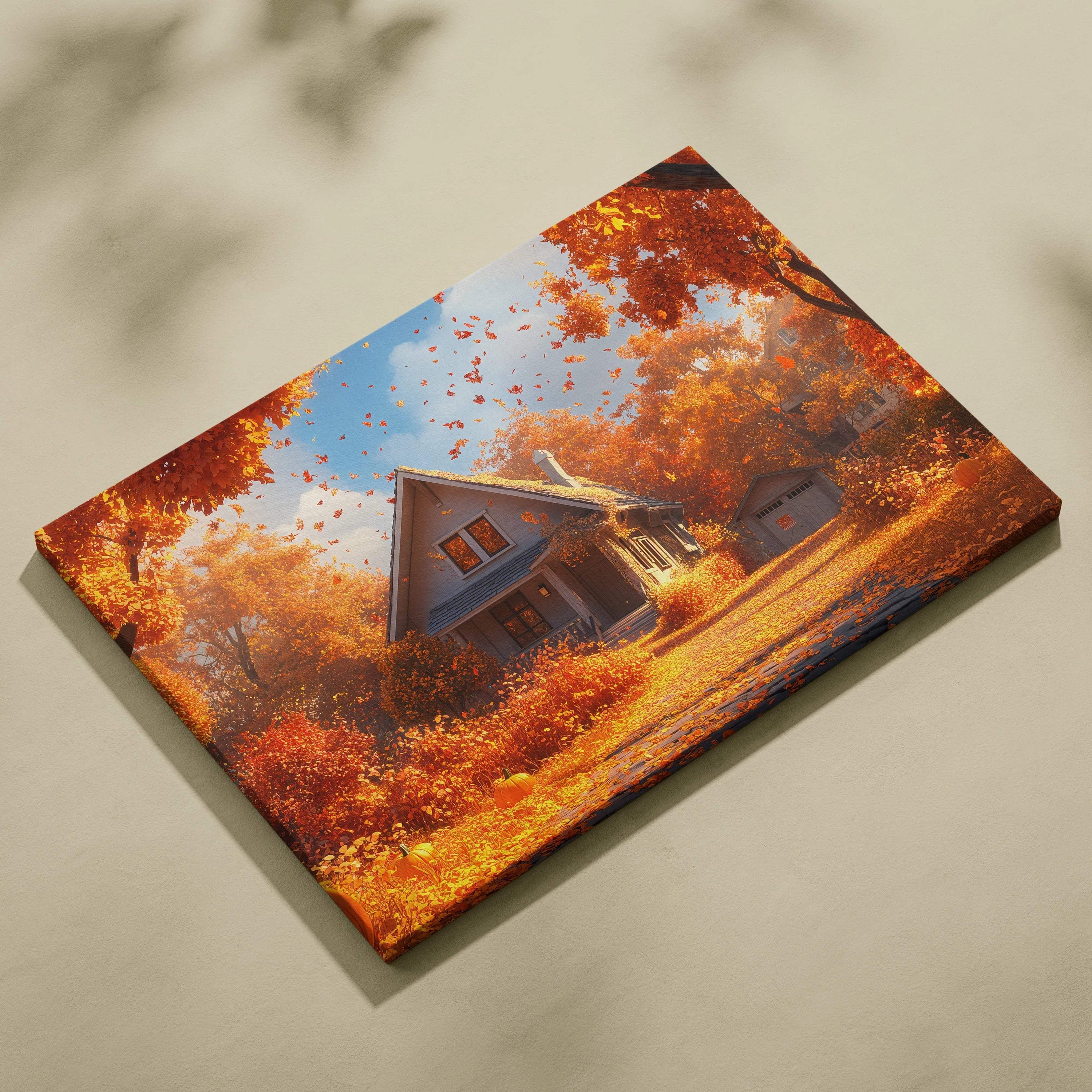 Cozy autumn cottage canvas wall art with glowing trees, golden leaves, pumpkin path