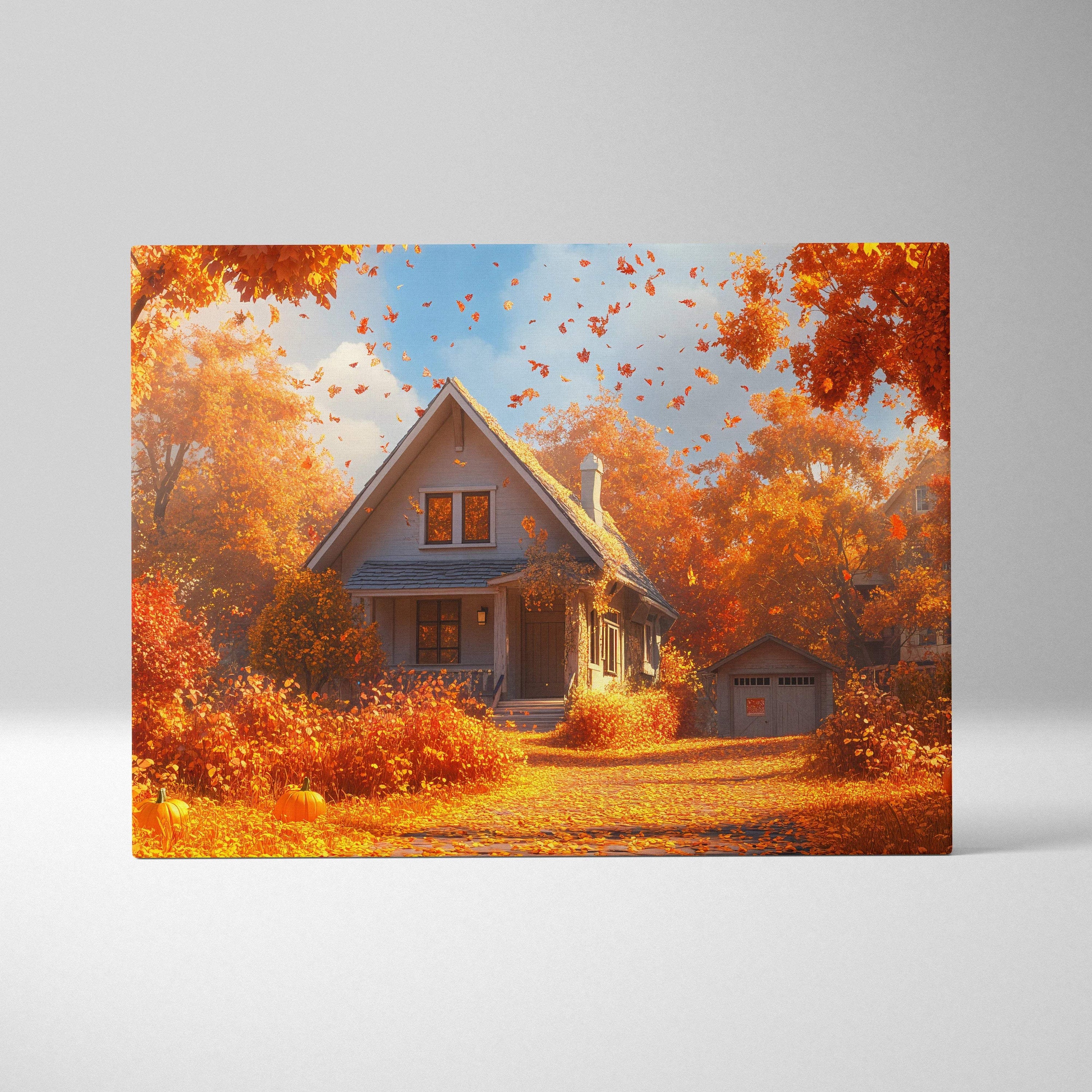 Cozy autumn cottage canvas art with glowing trees, golden leaves, pumpkins